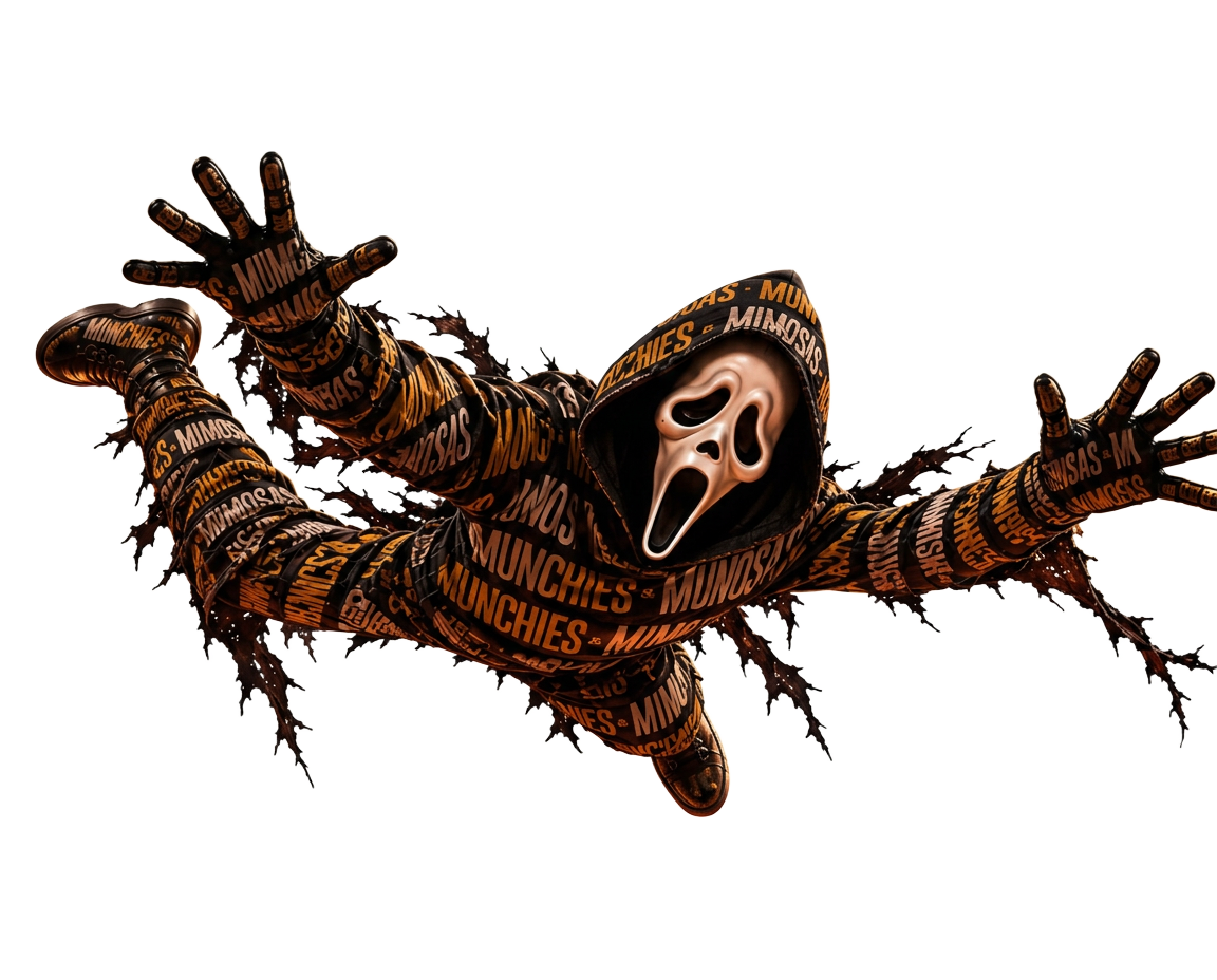A masked Halloween character in Munchies + Mimosas attire flying into the party